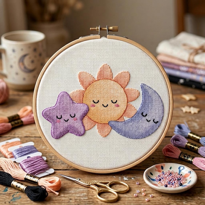 May include: A cross-stitch embroidery hoop featuring a smiling sun, moon, and star. The sun is orange, the star is purple, and the moon is blue. The embroidery is set in a wooden hoop, with embroidery floss and other craft supplies surrounding it.