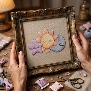 May include: A framed cross-stitch piece featuring a smiling sun, moon, and star. The embroidery is in pastel colors, set against a neutral fabric. The ornate, gold-toned frame adds a vintage touch to the artwork.