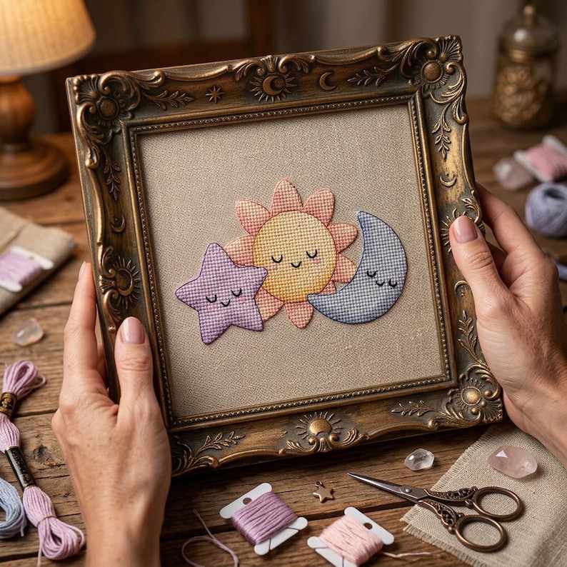 May include: A framed cross-stitch piece featuring a smiling sun, moon, and star. The embroidery is in pastel colors, set against a neutral fabric. The ornate, gold-toned frame adds a vintage touch to the artwork.