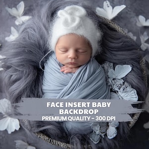 Blue Butterfly Newborn Digital Backdrop: Face Insert, Baby Photography (PNG Download)