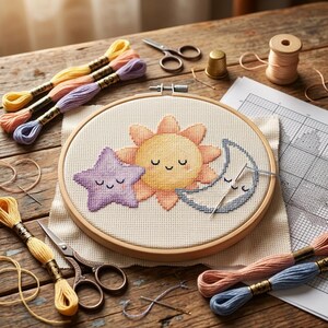 May include: A cross-stitch embroidery hoop featuring a smiling sun, star, and moon design. The embroidery is in a wooden hoop, with colorful embroidery floss, scissors, and a thimble nearby. The color palette includes yellow, orange, purple, and blue.