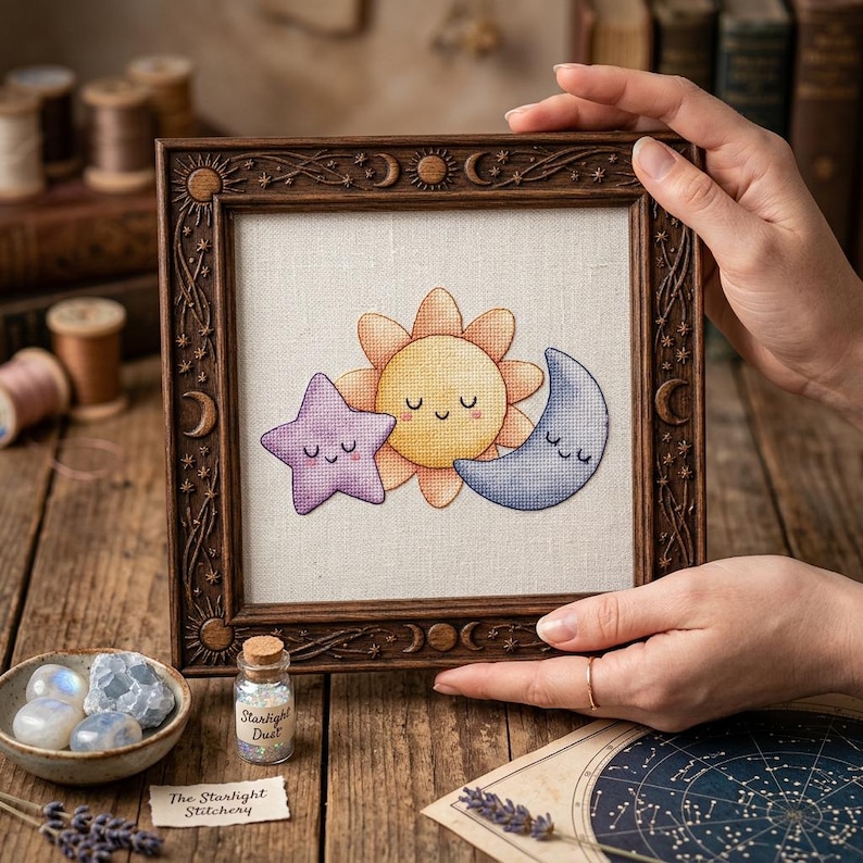 May include: A framed cross-stitch featuring a smiling sun, moon, and star in a dark brown wooden frame. The artwork is on a light beige fabric. The frame has decorative celestial carvings. A small glass bottle with the text "Starlight Dust" is visible.
