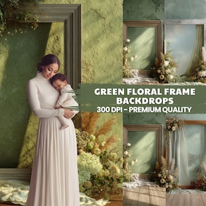 Green Floral Frame Digital Backdrop: Elegant Photography Overlays (34 JPEGs, 300 DPI, Instant Download)
