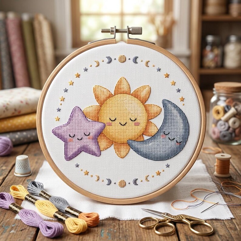 May include: A cross-stitch embroidery hoop featuring a smiling sun, star, and moon design. The embroidery is in yellow, purple, and blue, surrounded by stars and moons. The wooden hoop is displayed on a wooden table with embroidery floss and scissors.