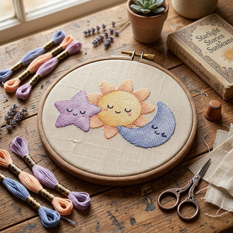 May include: A completed embroidery hoop featuring a smiling sun, star, and moon. The design is stitched with pastel colors on a beige fabric. Embroidery floss in coordinating colors, scissors, and a thimble are nearby.