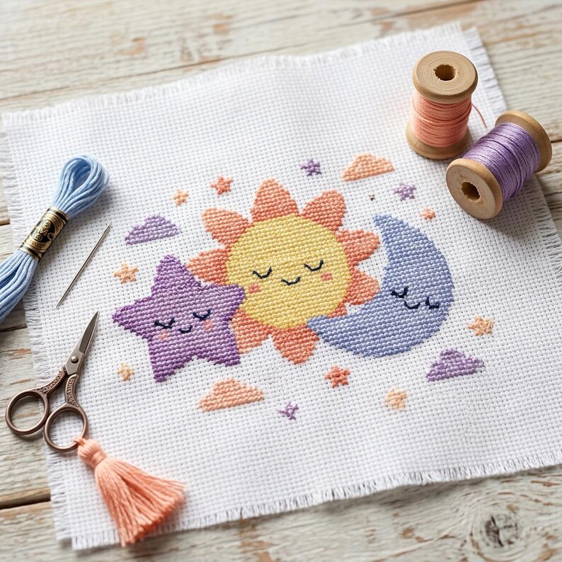 May include: A cross-stitch design featuring a smiling sun, moon, and star in yellow, blue, and purple. The design is on white fabric, with embroidery floss, scissors, and thread spools nearby. A cute, whimsical theme.