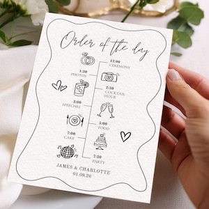 May include: A cream-colored wedding order of the day card with black script and illustrations. The card lists the schedule, including ceremony, photos, speeches, cocktail hour, food, cake, and party. The names James & Charlotte and the date are also included.