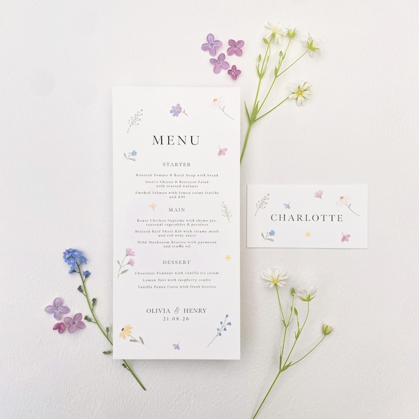 Tarjetas de menú de boda con motivos florales silvestres / Menú de boda y tarjetas de mesa / Decoración de mesa de boda / Opciones de menú de boda personalizadas y tarjetas de nombres para la boda