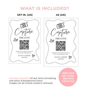 May include: Two white wedding invitation templates with black text. The text reads "Capture the Love" with a camera icon, a QR code, and the names Olivia & Henry with the date 04.12.26. One template is 5x7 inches, the other is A5.