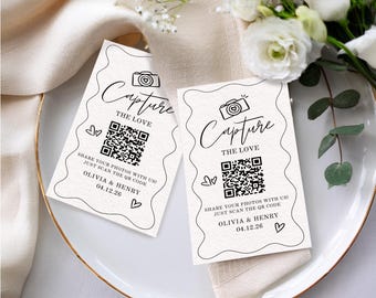 Photo QR Code Card for Weddings | Printable Guest Wedding Photo Upload Card | Doodle Whimsical Line Art | Digital Download Editable Template