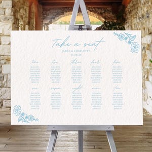 Dusty Blue Wedding SEATING CHART | Printable Table Seating Plan Template | Escort Chart | Dusty Blue Floral Editable Canva Download