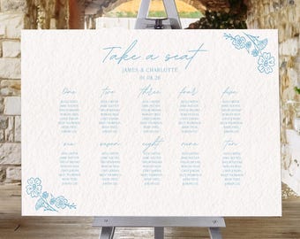 Dusty Blue Wedding Seating Chart:  Floral Editable Canva Template (Digital Download)