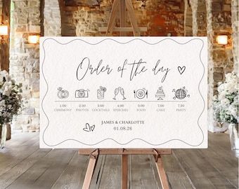 Letrero de cronología de boda: Plantilla de cronología / Letrero elegante y editable / Letrero de orden de eventos de boda dibujado a mano (Canva, descarga digital)
