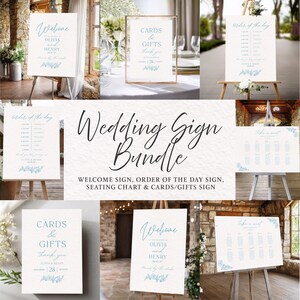 May include: A collection of wedding signs, including a welcome sign, order of the day, seating chart, and cards/gifts sign. The signs feature elegant calligraphy and floral accents in light blue. The signs are displayed on easels.