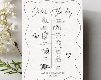 Plantilla de cronograma de boda / Orden de eventos de boda editable / Itinerario de boda dibujado a mano / Descarga digital de Canva