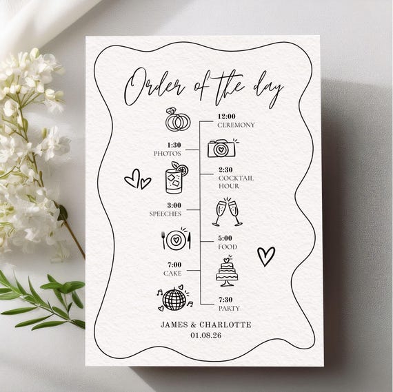 Wedding Timeline Template | Editable Wedding Order of Events Sign Hand Drawn Wedding Itinerary | Canva Digital Download Wedding Schedule