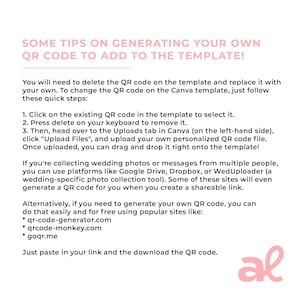 May include: White background with pink text providing instructions on generating a QR code for a template. The text includes steps for Canva, and mentions sites like qr-code-generator.com. A pink "al" logo is in the bottom right corner.