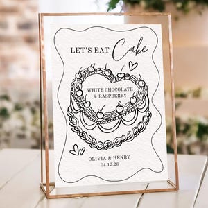 Hochzeitstorte Menü Vorlage | Bearbeitbares druckbares Kuchenaromazeichen oder Display | Hand Gezeichnet Doodle Herz Hochzeitstorte Dessert Tischschild