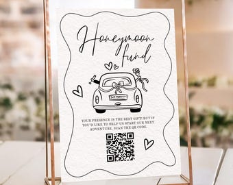 Honeymoon Fund Sign QR Code Sign for Weddings | Printable Wedding Gift Sign | Doodle Whimsical Line Art | Digital Download Editable Template
