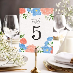 NÚMEROS DE MESA PARA BODAS / Letreros imprimibles para números de mesa / Diseño floral primaveral dibujado a mano / Plantilla editable de Canva / Descarga instantánea