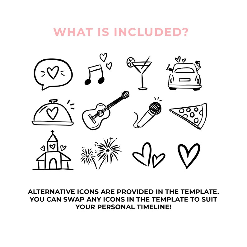 May include: Black and white line art icons including a heart in a speech bubble, musical notes, a cocktail, a car with hearts, a covered dish, a guitar, a microphone, a pizza slice, a church, fireworks, and hearts. Text reads "WHAT IS INCLUDED?"