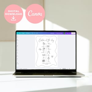 May include: A laptop displays a wedding order of the day template. The black and white design includes icons for each event, such as a ring, cocktail, and cake. The text "Order of the day" is at the top, with the names "JAMES & CHARLOTTE" and the date at the bottom.