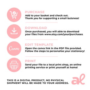 May include: A digital product guide with pink circular icons and text. Instructions include purchasing, downloading, editing a template with Canva, and printing. The text also states that no physical shipment will be made.