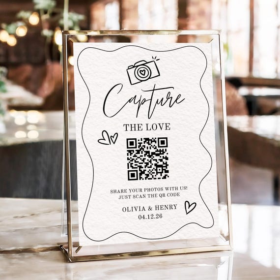 Photo QR Code Sign for Weddings | Printable Guest Wedding Photo Upload Sign | Doodle Whimsical Line Art | Digital Download Editable Template