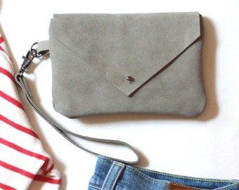 Sage Green Suede Leather Zip Pouch - Envelope Clutch - Mini Handbag - Sage Green Pouch - Small Clutch Bag for Women