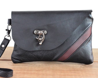 SALE Black Leather Wristlet Wallet, Leather Clutch, Smartphone Wallet, Wrist Pouch, Small Bag, Minimalist Fashion Leather Purse, Leather Bag