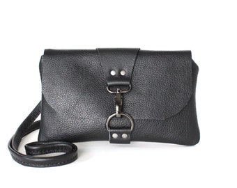 Small Black Leather Crossbody Bag, Mini Cross body Festival Bag for Women, Minimalist Clutch