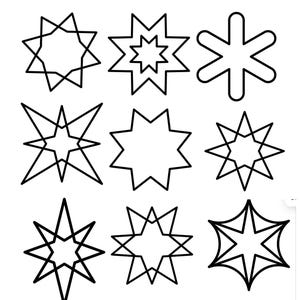 Könnte beinhalten: Neun schwarze sternförmige Designs auf weißem Hintergrund. Die Sterne variieren in der Form, wobei einige scharfe Spitzen und andere abgerundete Kanten aufweisen. Die Designs sind umrandet und schaffen eine minimalistische Ästhetik.