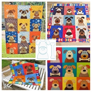 May include: A selection of dog-themed quilts and a dog-shaped template. The quilts display different dog faces on colourful squares. One quilt is shown outdoors, another indoors, and a third is on a white bench. The template is for a dog and a bone.