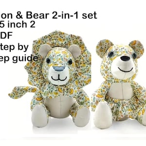 May include: Two plush toys: a lion and a bear, each approximately 15 inches tall. The lion has a floral patterned mane and the bear has a floral patterned body. Both have white paws and faces. The text on the image says "Lion & Bear 2-in-1 set".