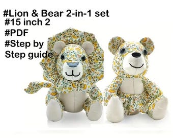 Lion and Bear Pattern,  2 in 1 patterns, 1:1 scale, stuffed animal pattern, fabric DIY toys, PDF sewing patterns tutorials, animal patterns
