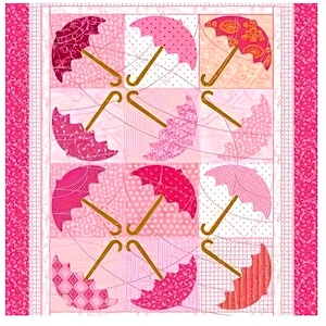 May include: A pink and white patterned fabric featuring a grid of umbrellas in various shades of pink. Each umbrella has a wooden handle. The fabric has a decorative border with a repeating floral pattern.