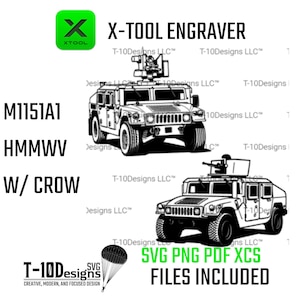 May include: Black and white illustrations of military vehicles, including a Humvee with a mounted weapon. The image includes the text "X-TOOL ENGRAVER" and "SVG PNG PDF XCS FILES INCLUDED". The design is from T-10Designs.