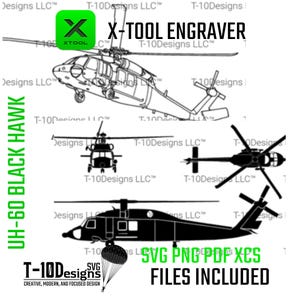 Może przedstawiać: Czarno-białe ilustracje helikoptera UH-60 Black Hawk w różnych ujęciach. Obraz zawiera tekst "X-TOOL ENGRAVER" oraz "SVG PNG PDF XCS FILES INCLUDED". Widoczne jest również logo T-10Designs LLC.