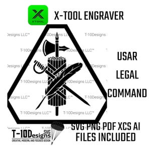 Może przedstawiać: Projekt graficzny z tekstem "X-TOOL ENGRAVER" oraz czarno-białym emblematem z mieczem, toporem i piórem. Projekt zawiera tekst "USAR LEGAL COMMAND" oraz informacje o typie pliku.
