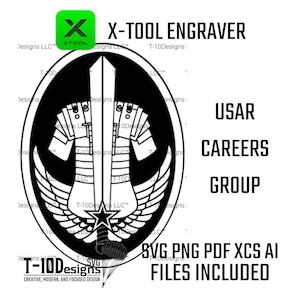 May include: Black and white graphic design featuring a central emblem with a sword, wings, and a star. The text "X-TOOL ENGRAVER" and "USAR CAREERS GROUP" are displayed. Includes SVG, PNG, PDF, XCS, and AI files.