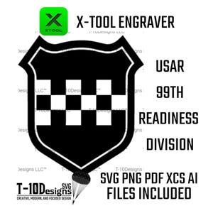 May include: Black and white graphic design featuring a shield with a checkered pattern, the text "X-TOOL ENGRAVER", and "USAR 99th Readiness Division". Includes SVG, PNG, PDF, XCS, and AI files.