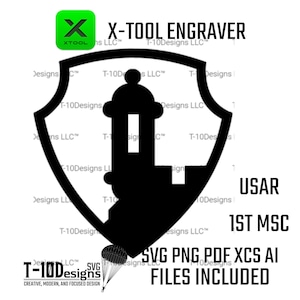 May include: Black and white graphic design featuring a shield with a silhouette of a building. The image includes the text "X-TOOL ENGRAVER", "USAR", "1ST MSC", and "SVG PNG PDF XCS AI FILES INCLUDED". A green square with a white "X" is in the upper left.