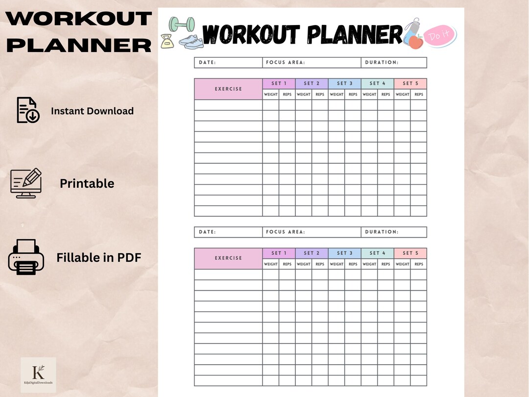 Printable Workout Planner | Fitness Tracker Gym Log | Exercise ...