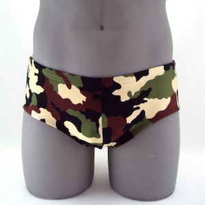Army Green Camouflage Print Men Brief Square Cut Swimsuit-Internal Drawstring