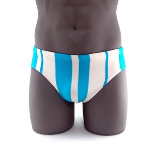 Men's Brief Swimsuit White Turquoise Stripes-Internal Drawstring