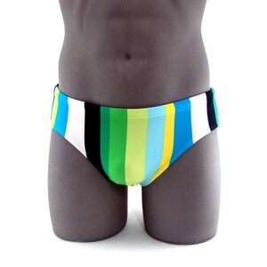 Multicolor Green Tones stripes  Men Brief Swimsuit - Men swimwear- Print Bathing Suits-Internal Drawstring