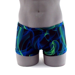 Men Square cut Swimsuit Blue Green Smoke-Internal Drawstring-This item has a front pouch