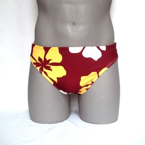 Hawaiian Hibiscus Brief Swimsuit- Men's Print Bathing suit swimwear-Internal Drawstring