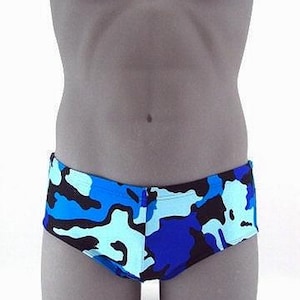Army Blue Camouflage Print Men Brief Square Cut Swimsuit-Internal Drawstring