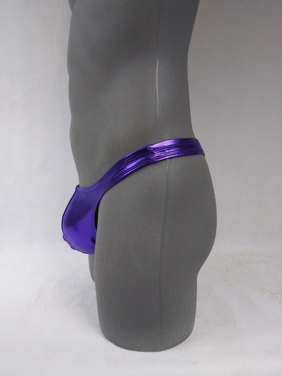 Mens Medium Smooth/Flat Front, Wide Strap, T-back Thong in Purple Metallic  Mystique with silver